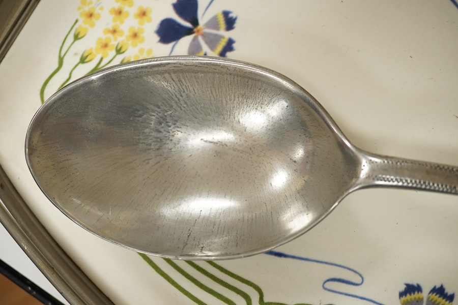 A WMF pewter and ceramic tray with a Norwegian “Askvoll Brug AS” pewter basting spoon, largest 51cm. Condition - fair to good